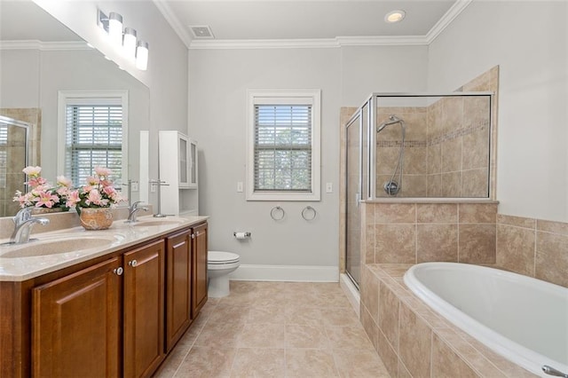 full bathroom with ornamental molding and plus walk in shower