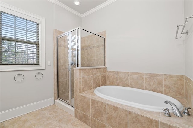 bathroom featuring tile patterned flooring, ornamental molding, and plus walk in shower