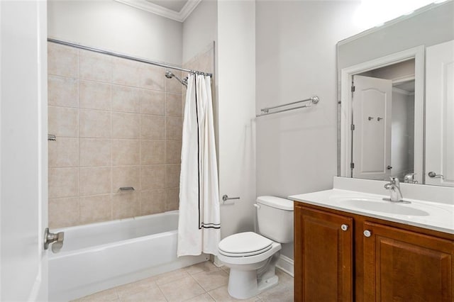 full bathroom featuring toilet, ornamental molding, vanity, shower / bath combo, and tile patterned flooring