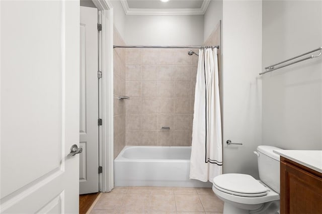 full bathroom featuring shower / bathtub combination with curtain, vanity, ornamental molding, tile patterned floors, and toilet