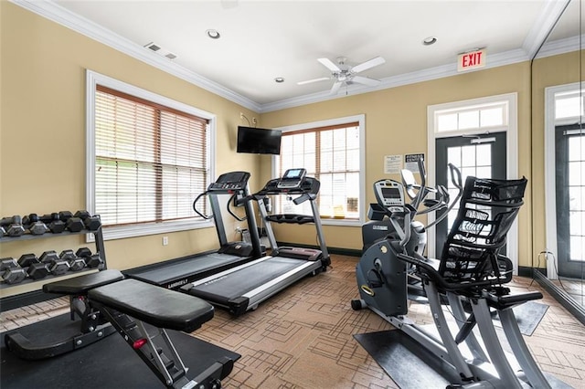 gym featuring ornamental molding and ceiling fan