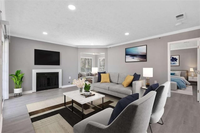 living area with a fireplace, wood finished floors, visible vents, and a textured ceiling