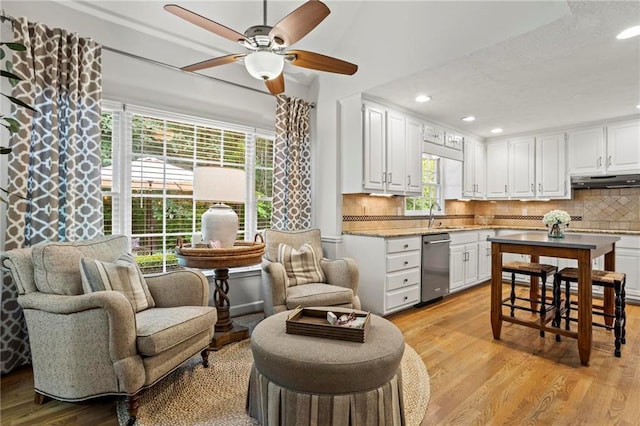 4792 Fairville Ct, Marietta, GA 30062 - kitchen featuring stainless steel dishwasher, white cabinets, decorative backsplash, a sink, and ceiling fan