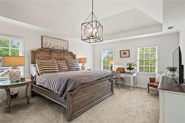 4792 Fairville Ct, Marietta, GA 30062 - bedroom featuring light carpet, a tray ceiling, a chandelier, and baseboards