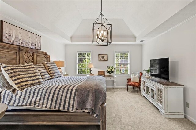 4792 Fairville Ct, Marietta, GA 30062 - carpeted bedroom featuring a tray ceiling, a chandelier, and baseboards