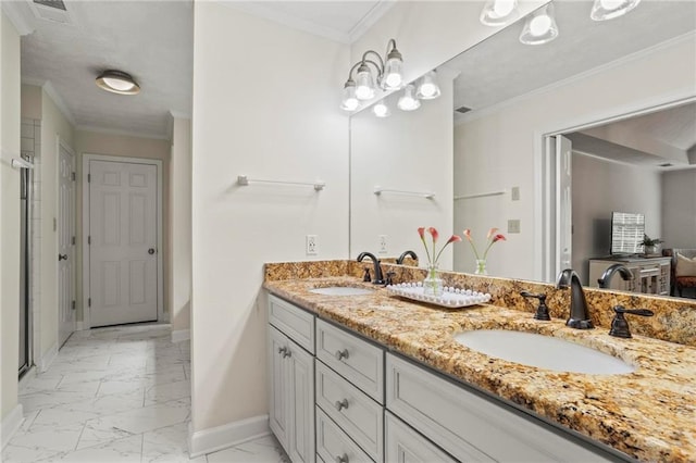 4792 Fairville Ct, Marietta, GA 30062 - full bath with marble look tile flooring, double vanity, baseboards, and ornamental molding