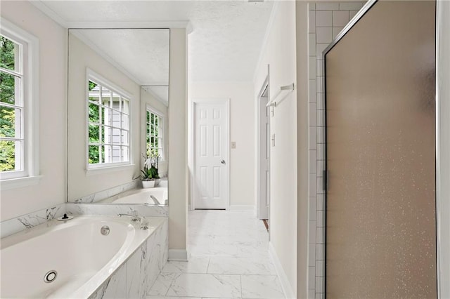 4792 Fairville Ct, Marietta, GA 30062 - bathroom with marble finish flooring, healthy amount of natural light, a stall shower, a tub with jets, and ornamental molding