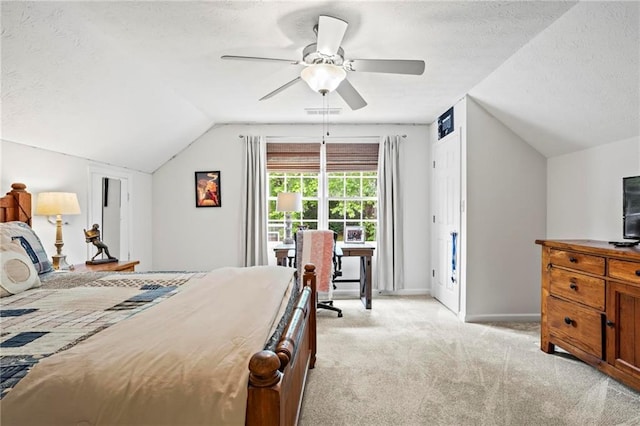 4792 Fairville Ct, Marietta, GA 30062 - bedroom with vaulted ceiling, light carpet, a textured ceiling, baseboards, and a ceiling fan
