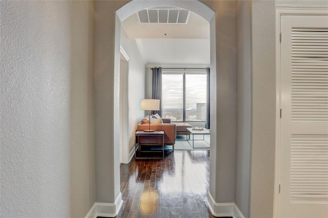 corridor with dark hardwood / wood-style flooring