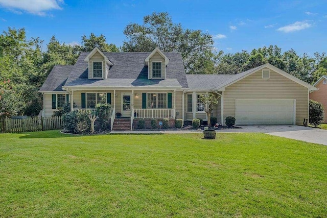 cape cod-style house featuring a front lawn, covered porch, and a garage