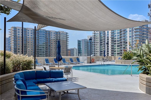 view of swimming pool with a patio