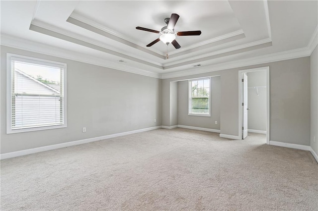 4090 Danbury Farms Dr, Cumming, GA 30040 - empty room with a raised ceiling, ornamental molding, a ceiling fan, light colored carpet, and baseboards