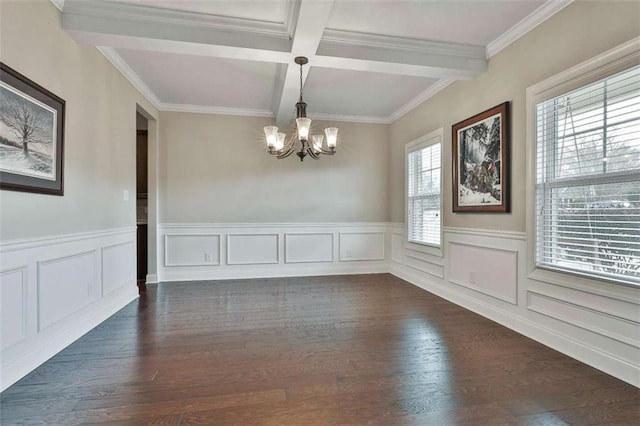 unfurnished dining area featuring a notable chandelier, beam ceiling, a wealth of natural light, and coffered ceiling