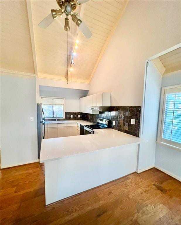 kitchen featuring wood ceiling, kitchen peninsula, a healthy amount of sunlight, and stainless steel appliances