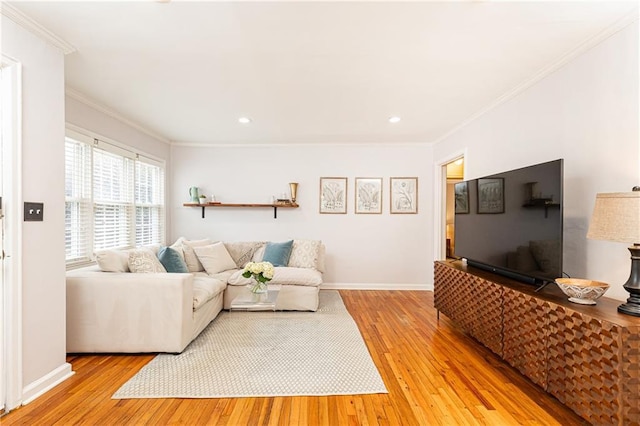 living room featuring crown molding and light hardwood / wood-style floors