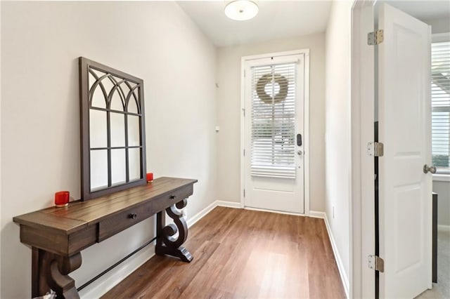 entryway featuring a healthy amount of sunlight, baseboards, and wood finished floors