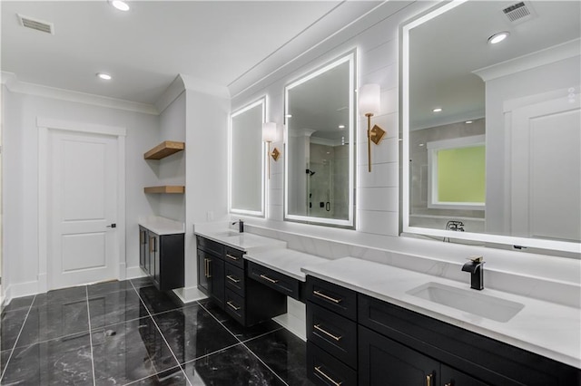 full bath with visible vents, walk in shower, ornamental molding, and vanity