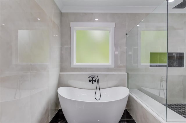 full bath with tiled shower, tile walls, and a freestanding tub