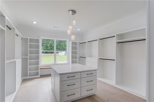 spacious closet with light wood finished floors and a barn door