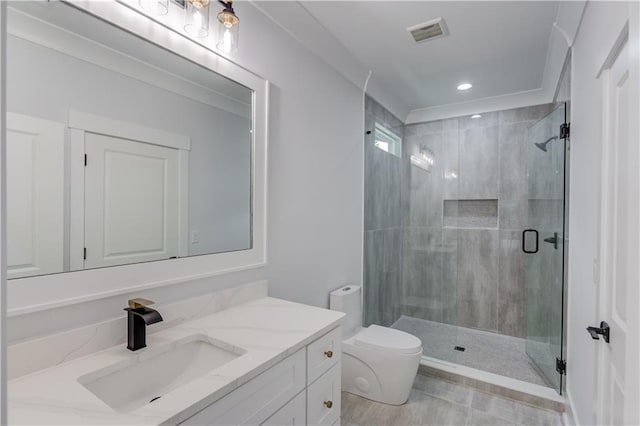 bathroom featuring vanity, visible vents, recessed lighting, a shower stall, and toilet