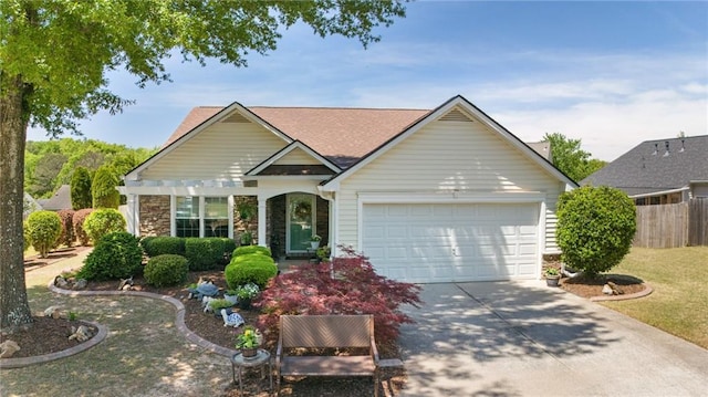 view of front of home with fence, a garage, stone siding, driveway, and roof with shingles