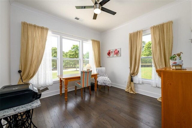 400 Fox Valley Dr, Monroe, GA 30656 - living area with healthy amount of natural light, a ceiling fan, dark wood-type flooring, ornamental molding, and baseboards