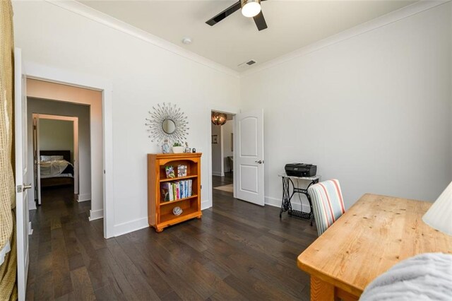 400 Fox Valley Dr, Monroe, GA 30656 - home office featuring crown molding, dark wood-style floors, a ceiling fan, and baseboards