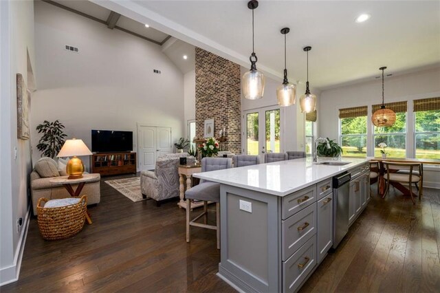 400 Fox Valley Dr, Monroe, GA 30656 - kitchen with gray cabinets, open floor plan, light countertops, dark wood-style floors, and beam ceiling