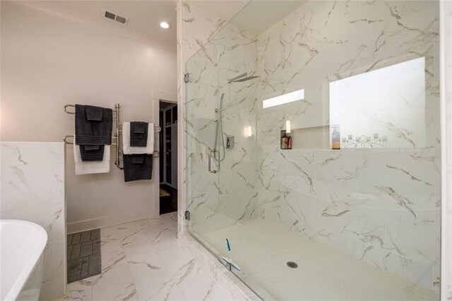 400 Fox Valley Dr, Monroe, GA 30656 - bathroom featuring a soaking tub, a marble finish shower, recessed lighting, marble finish floors, and baseboards