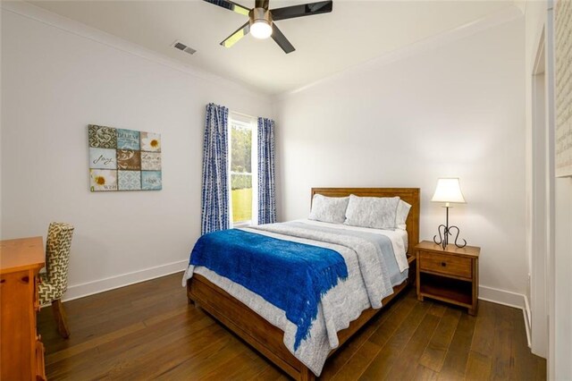 400 Fox Valley Dr, Monroe, GA 30656 - bedroom with dark wood-style floors, baseboards, crown molding, and ceiling fan