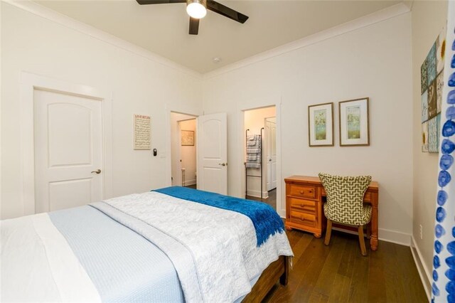 400 Fox Valley Dr, Monroe, GA 30656 - bedroom featuring dark wood-style floors, ornamental molding, baseboards, ceiling fan, and ensuite bath