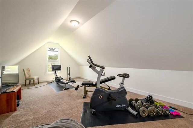 400 Fox Valley Dr, Monroe, GA 30656 - workout room featuring carpet flooring, vaulted ceiling, and baseboards