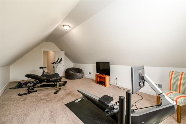 400 Fox Valley Dr, Monroe, GA 30656 - exercise room featuring carpet flooring, lofted ceiling, and baseboards