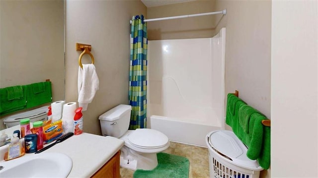 full bathroom with vanity, shower / bath combination with curtain, and toilet