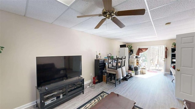 living room with ceiling fan, a paneled ceiling, and light hardwood / wood-style floors