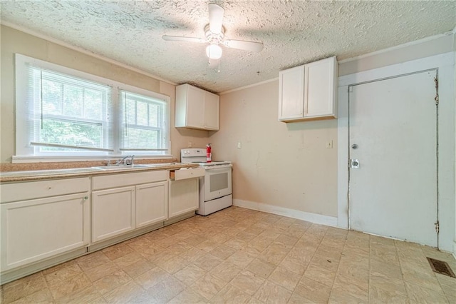 kitchen with electric range, a textured ceiling, crown molding, a sink, and light floors