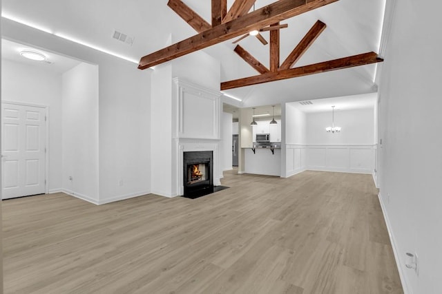 1249 Creek Forest Ln Bldg 8, Austell, GA 30106 - unfurnished living room featuring beamed ceiling, light wood finished floors, a fireplace with flush hearth, a wainscoted wall, and high vaulted ceiling
