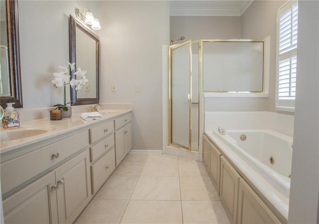 bathroom featuring ornamental molding, vanity, independent shower and bath, and tile patterned floors