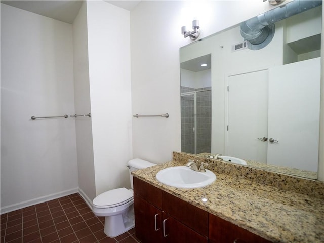 full bath with tile patterned flooring, visible vents, baseboards, toilet, and vanity