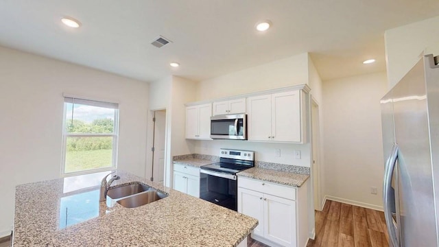 131 Andria Way, Cartersville, GA 30120 - kitchen featuring appliances with stainless steel finishes, a sink, white cabinets, light wood-style flooring, and light stone countertops