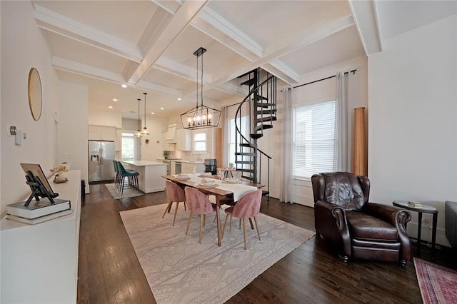 dining space with beamed ceiling, dark wood-style floors, a healthy amount of sunlight, and stairway
