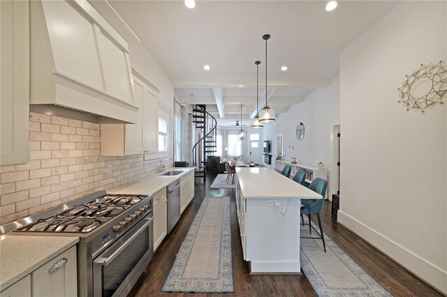 kitchen featuring decorative backsplash, custom exhaust hood, a sink, dark wood finished floors, and stainless steel appliances