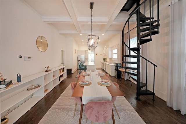 dining area featuring dark wood-style flooring, stairs, beamed ceiling, coffered ceiling, and recessed lighting