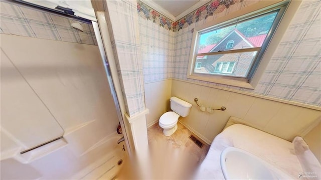 full bathroom with vanity, shower / bathtub combination, and toilet