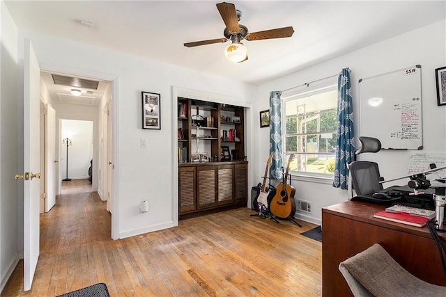 3055 Henderson Mill Rd, Atlanta, GA 30341 - office area with light wood-style flooring, ceiling fan, baseboards, and attic access