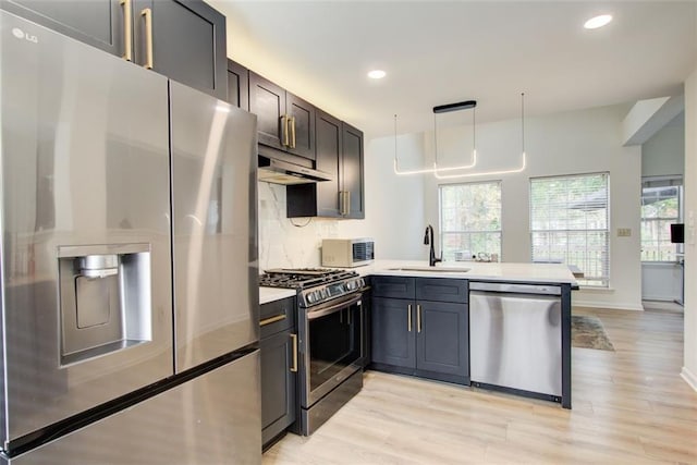 kitchen featuring sink, tasteful backsplash, kitchen peninsula, appliances with stainless steel finishes, and light wood-type flooring