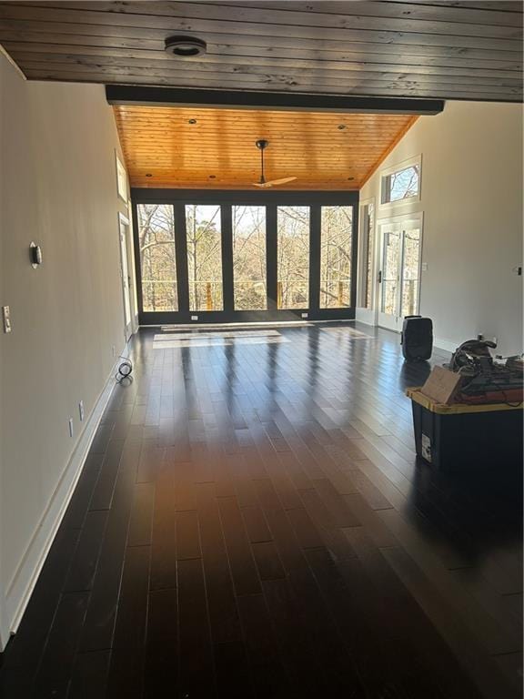 interior space featuring lofted ceiling, ceiling fan, wood ceiling, and dark wood-type flooring