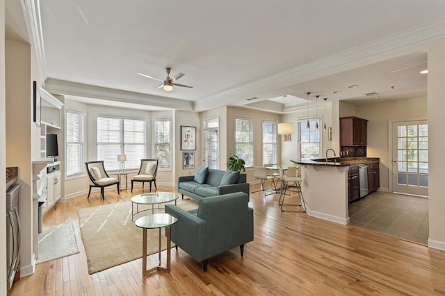 living room featuring sink, ceiling fan, light wood-type flooring, ornamental molding, and washer / dryer