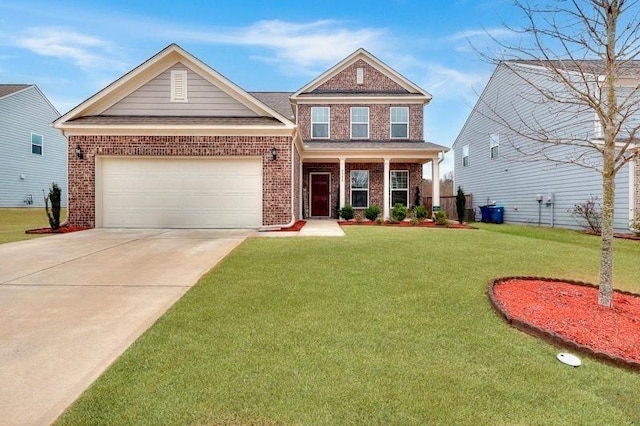 view of front of home with concrete driveway, brick siding, a front lawn, and an attached garage