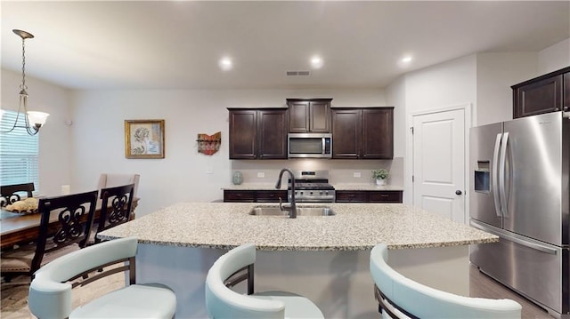 kitchen featuring dark brown cabinetry, a sink, visible vents, a kitchen breakfast bar, and appliances with stainless steel finishes